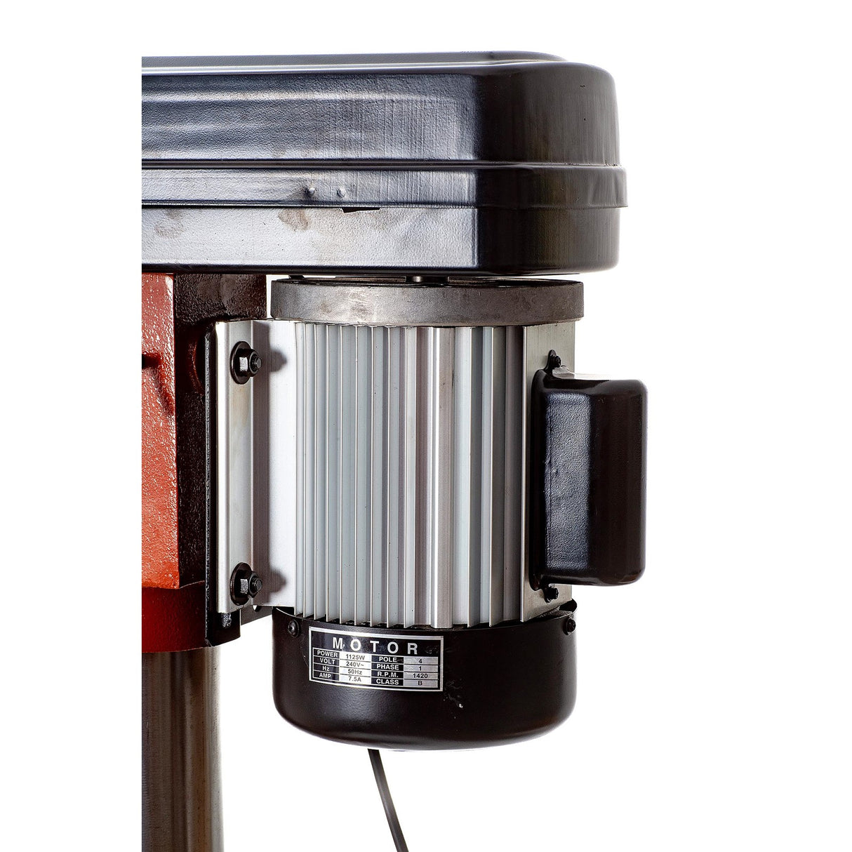 Sherwood 1125W Pedestal Drill Press in action, drilling into wood slab