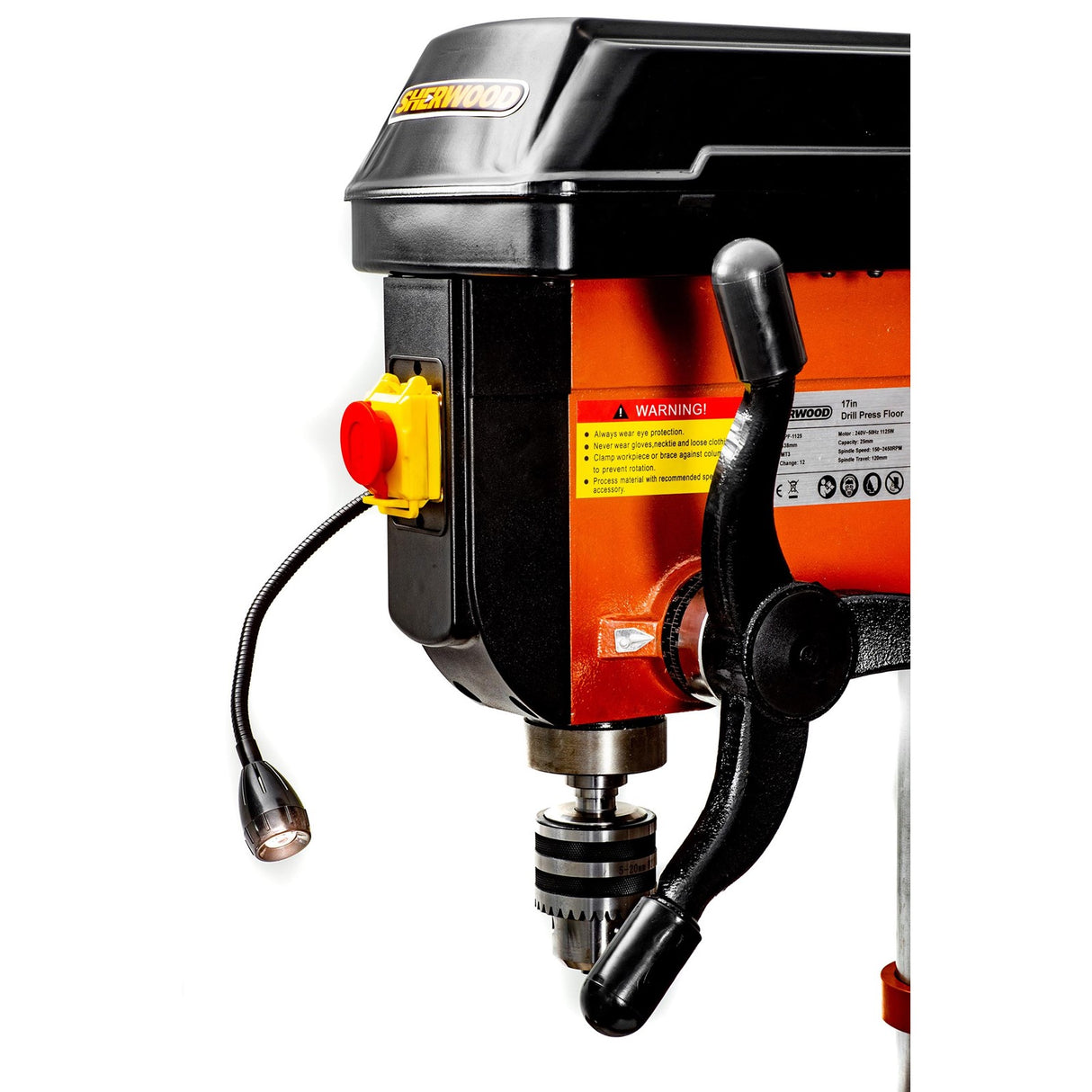 Sherwood Pedestal Drill Press 1125W for precise woodworking tasks, angled view
