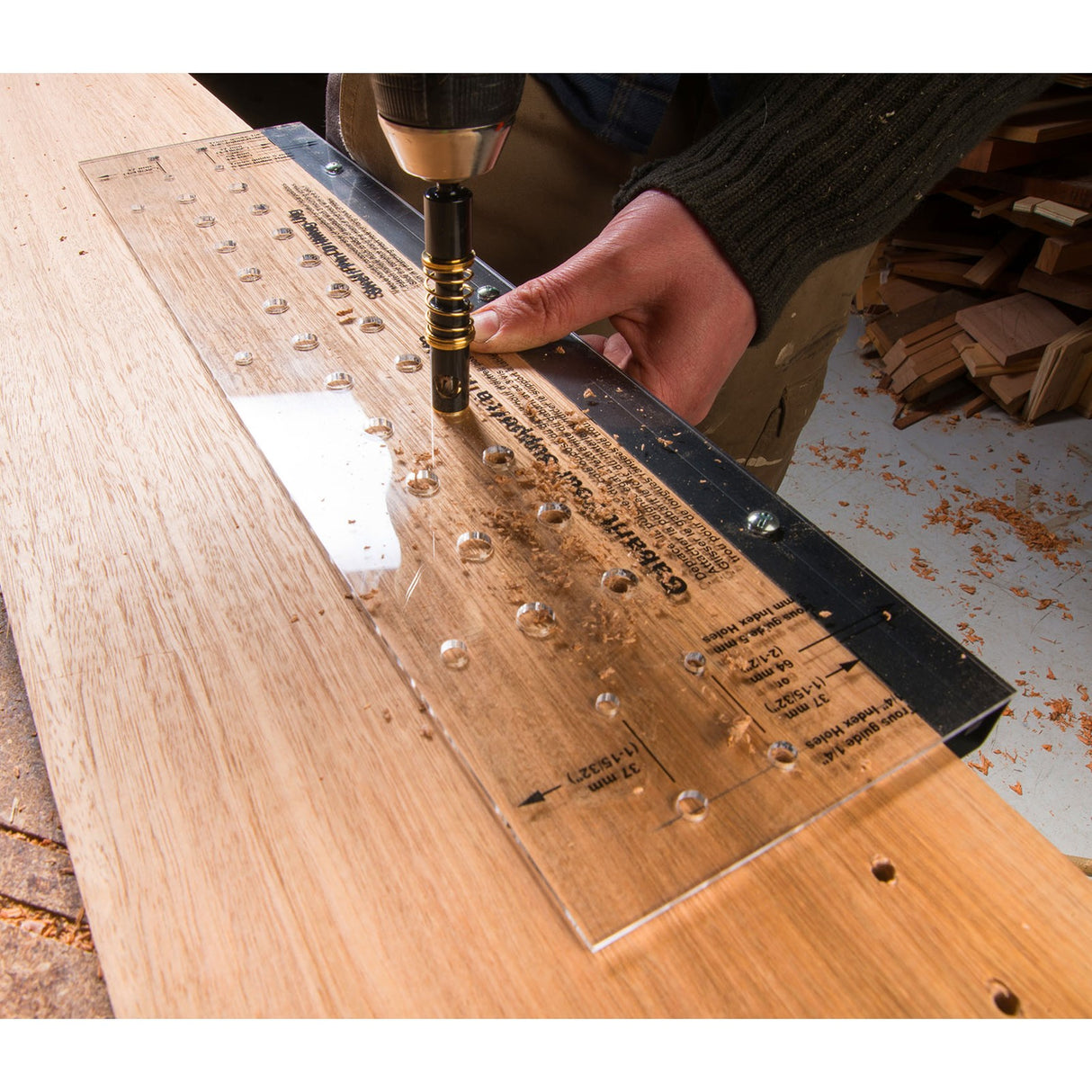 Torquata Shelf Pin Drill Jig System with 5mm & 1/4in Bits - Woodworking tool with drill bits attached, ready for use