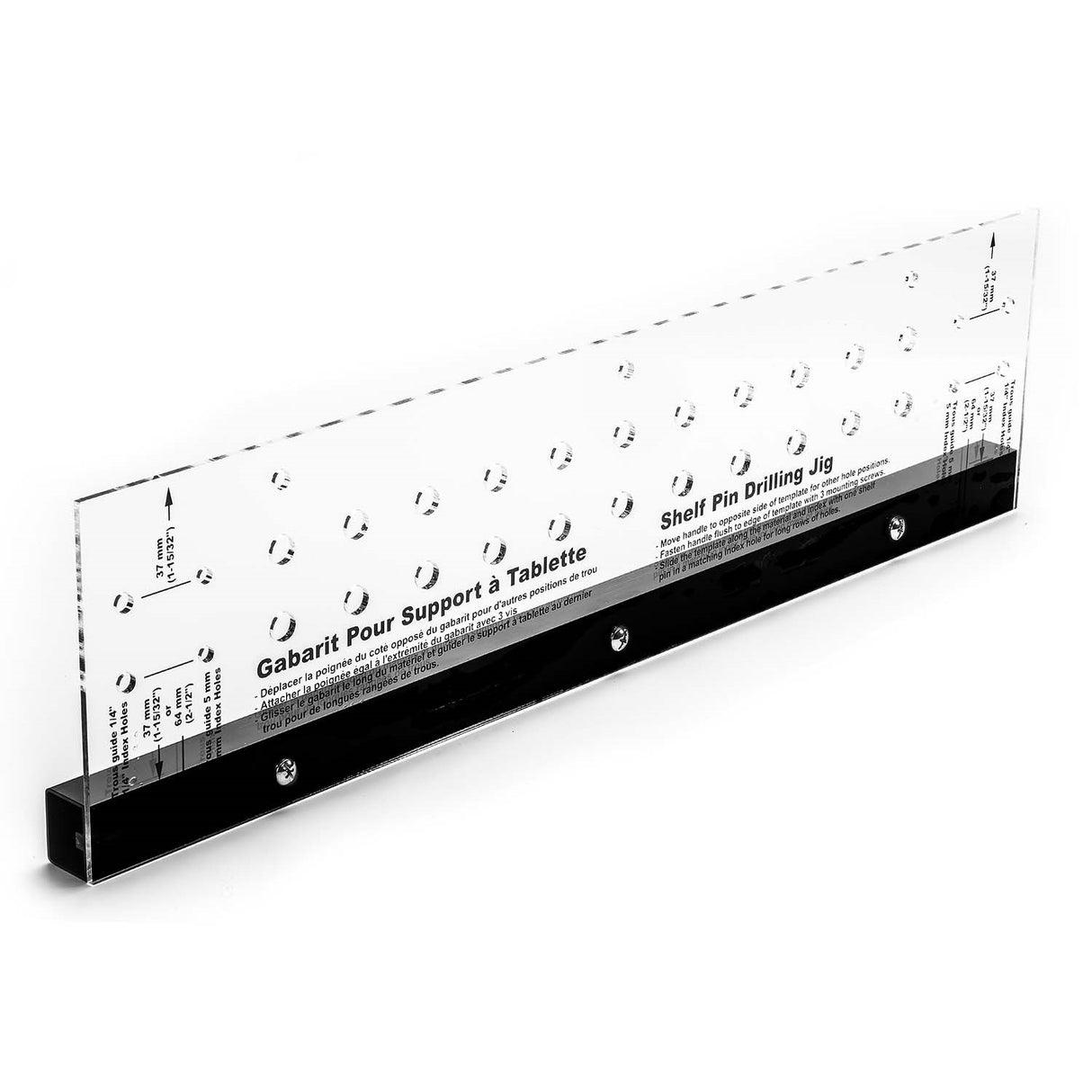 Torquata Shelf Pin Drill Jig System with 5mm & 1/4in Drill Bits in use on a wooden shelf