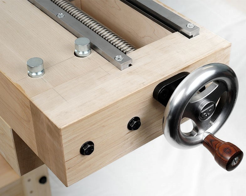 Benchcrafted Cast Iron Hardware Set for Roubo Split Top Bench, angled view showcasing intricate design