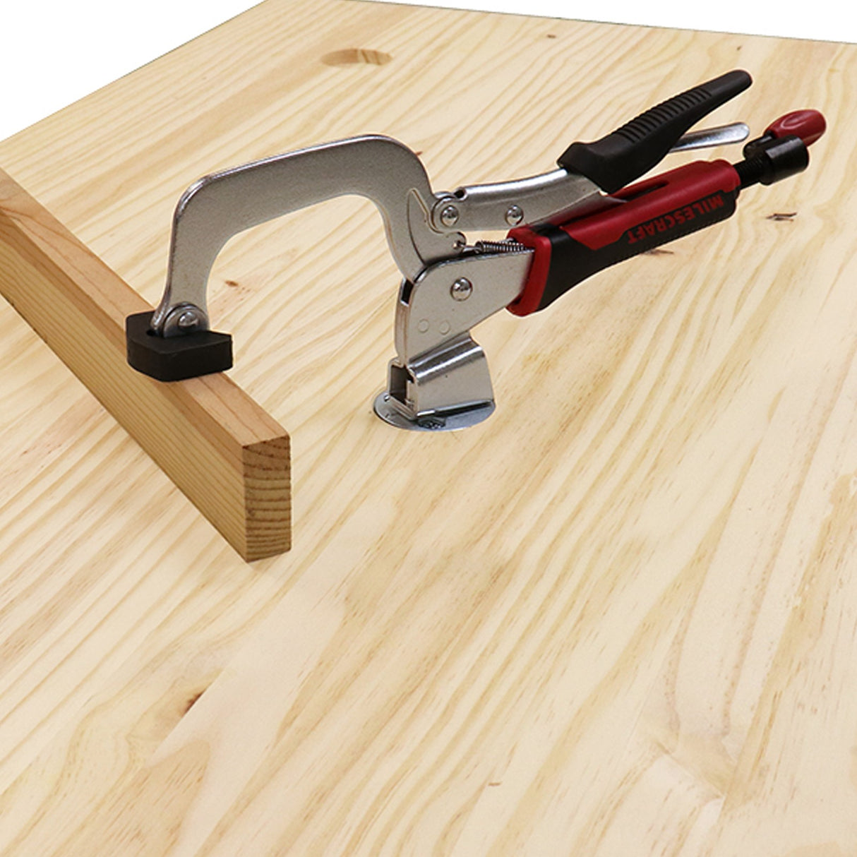 Milescraft ClampAnchors Workbench Hold Down Anchor mounted on workbench with T-bolts