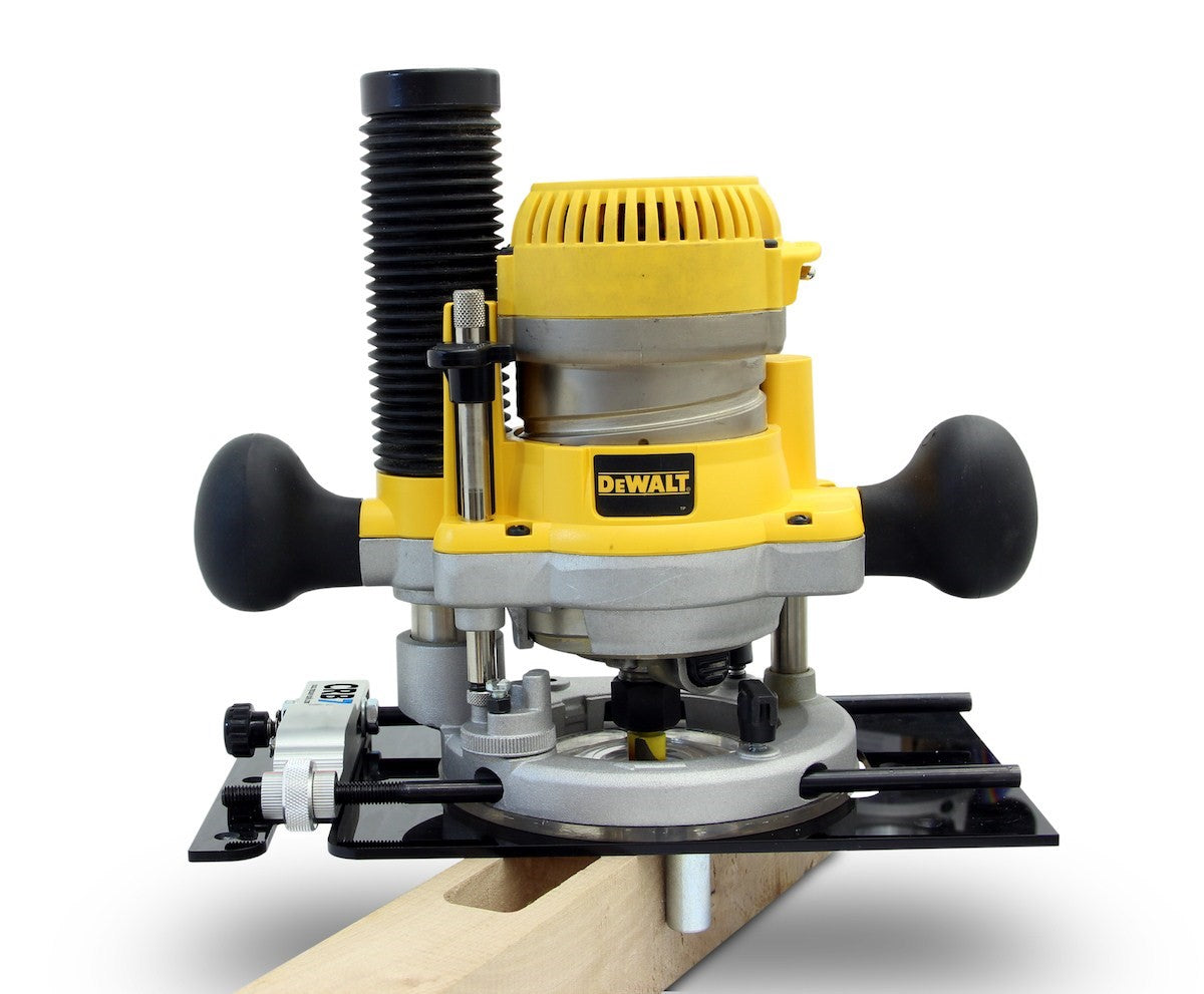 MPOWER CRB7 Combination Router Base Deluxe Set shown with Mortise Hinge Lock and Flute Jig attachment