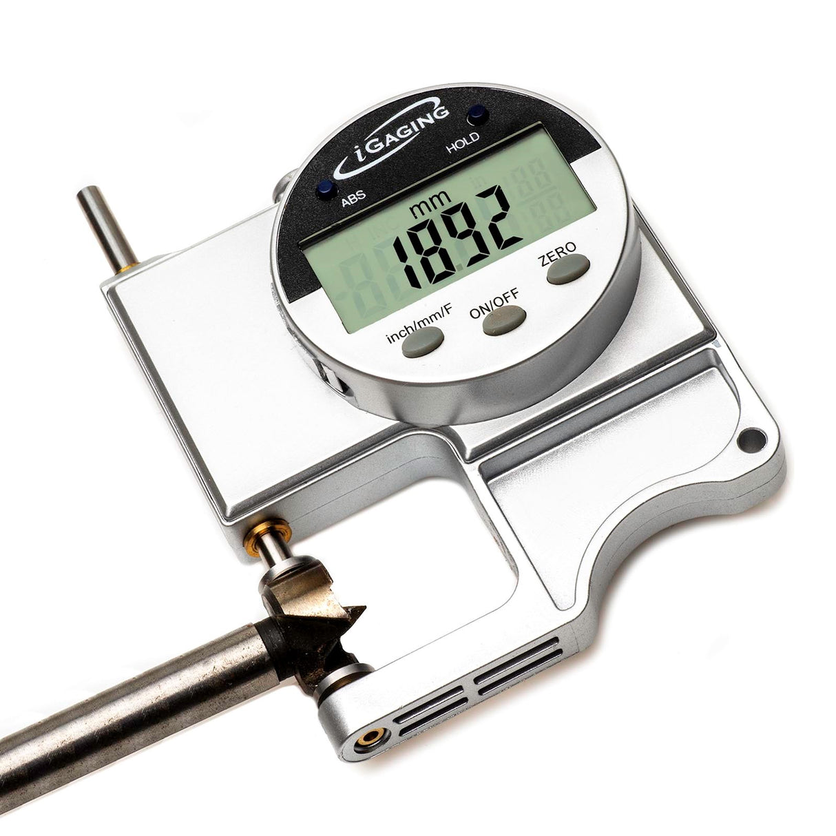 iGaging Digital Snap Thickness Gauge with Carbide Tips, 27mm Measuring Capacity - professional-grade woodworking tool close-up