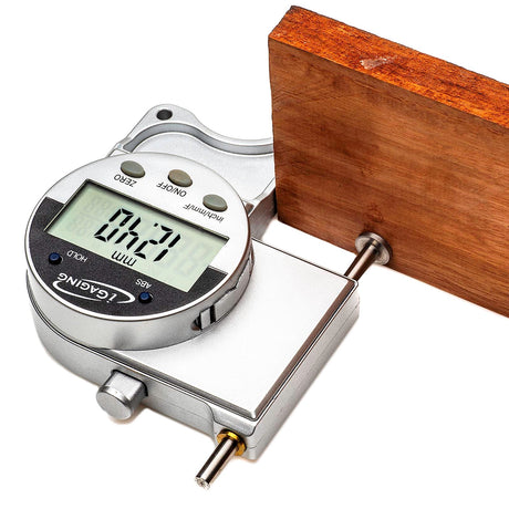 iGaging Digital Snap Thickness Gauge Carbide Tips 27mm Measuring Capacity in action, showcasing precision and durability