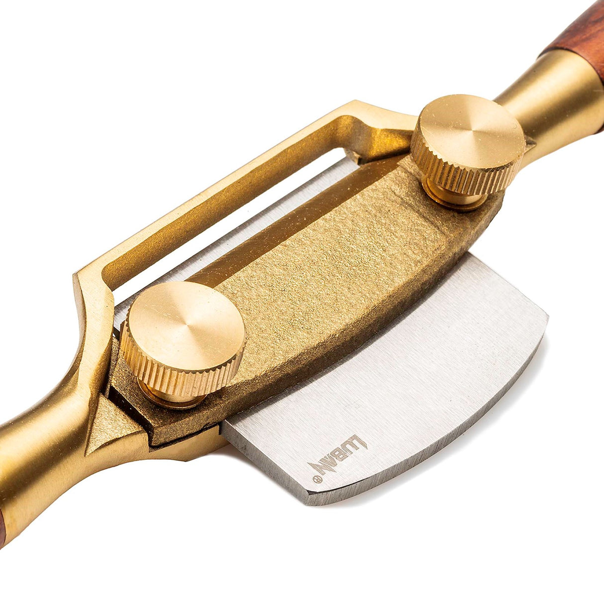 Luban Round Sole Spokeshave with Wooden Handles, angled view showing bronze body and ergonomic design