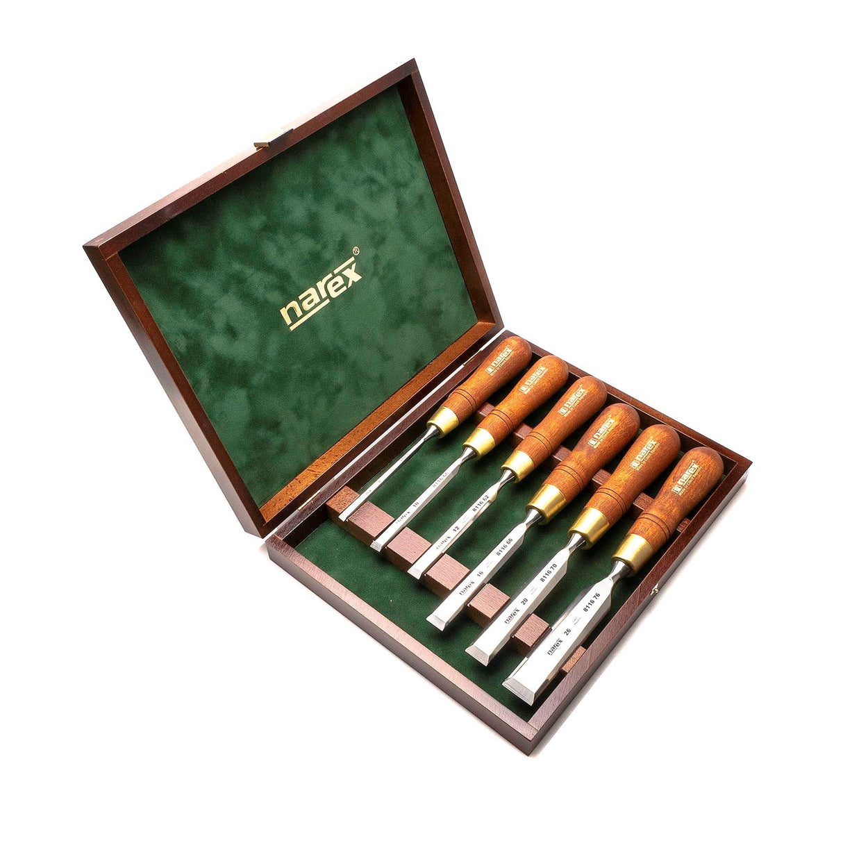 Narex 6-Piece Premium Bevel Edge Cabinet Chisels in Wooden Case, high-quality steel blades in a crafted wooden case