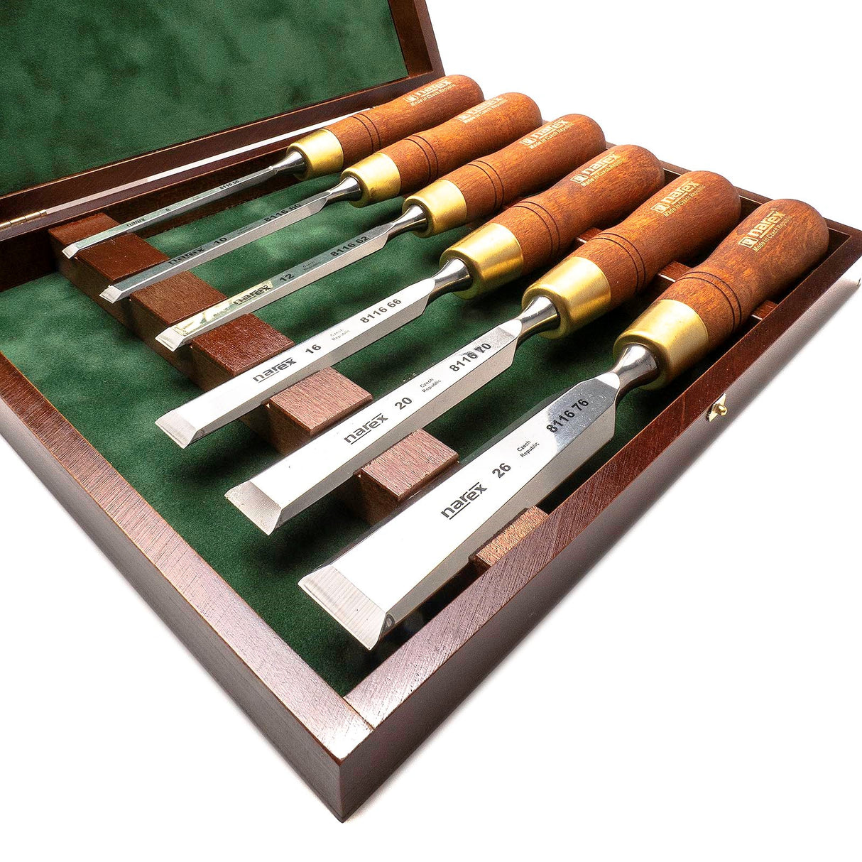 Narex Set of 6 Premium Bevel Edge Cabinet Chisels in Wooden Case, angled view showing chrome-manganese steel blades in wooden case