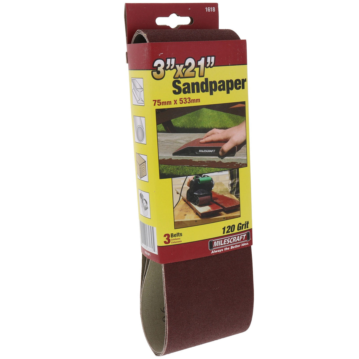 Three Milescraft sanding belts, suitable for heavy-duty sanding on various surfaces