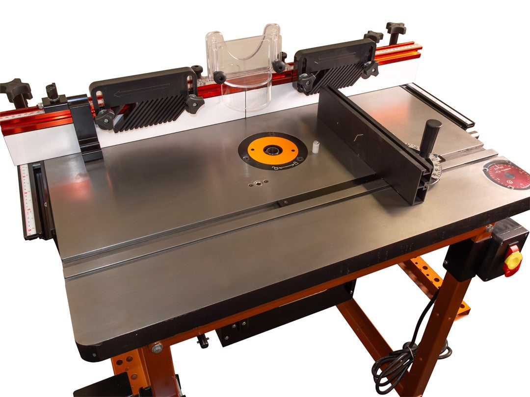 Sherwood Sidewinder Router Table Integrated Router Lift with Stand, close-up of lift assembly and cast-iron top
