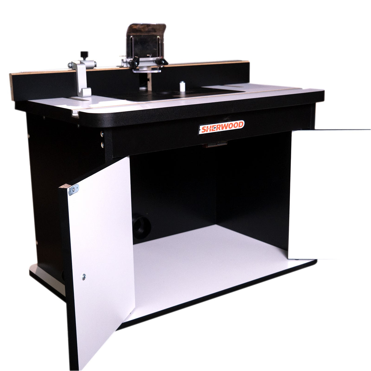 Sherwood Benchtop Router Table with Aluminium Mounting Plate & Fence on MDF surface