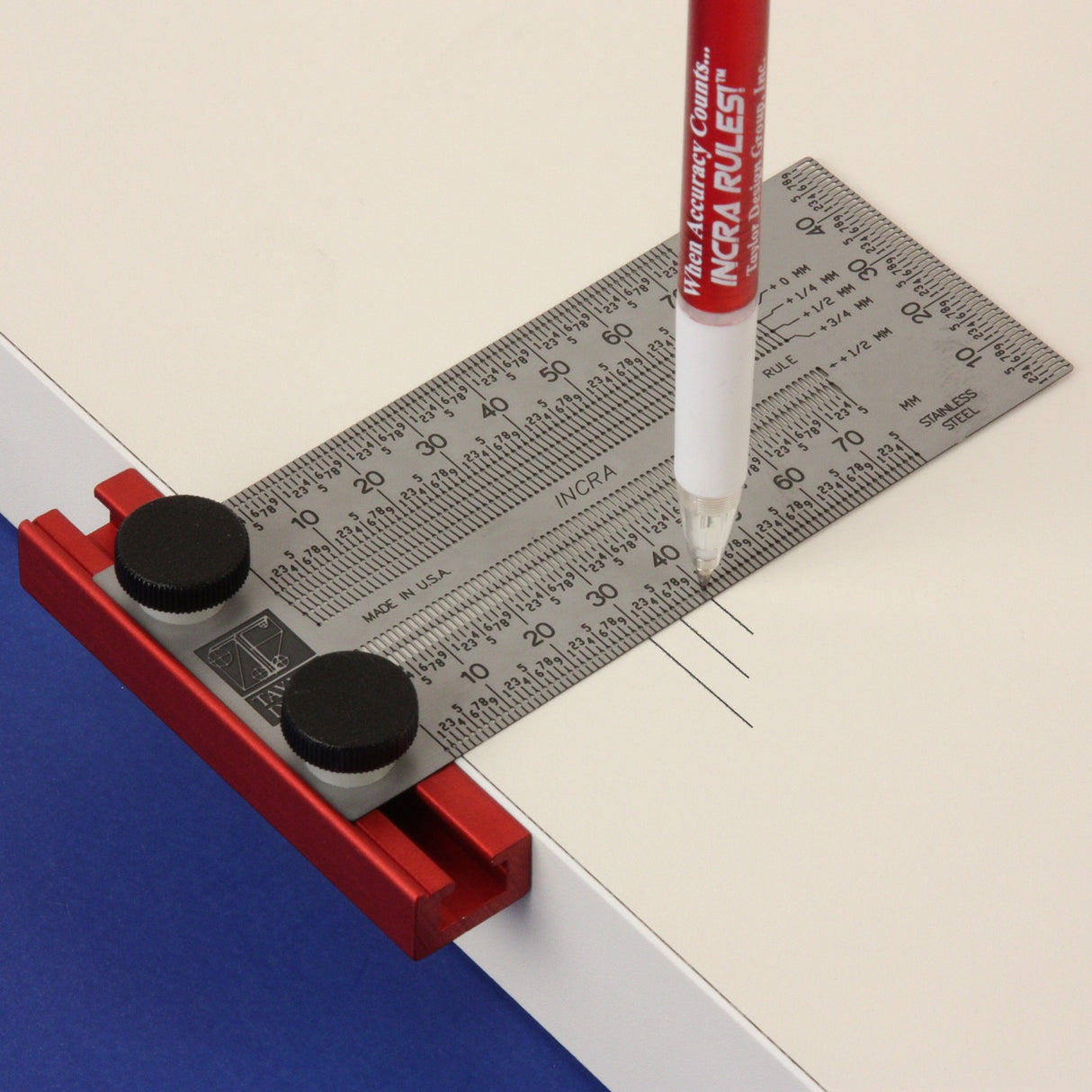 Incra Precision Tiny T-Rule 75mm Metric marking slots for precise woodworking measurements