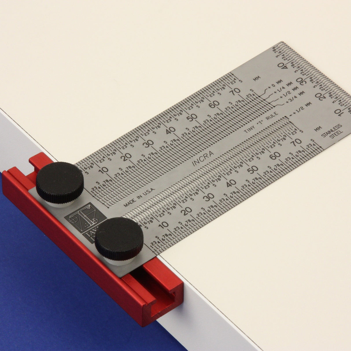 Incra Precision Tiny T-Rule 75mm Metric in use on wood piece