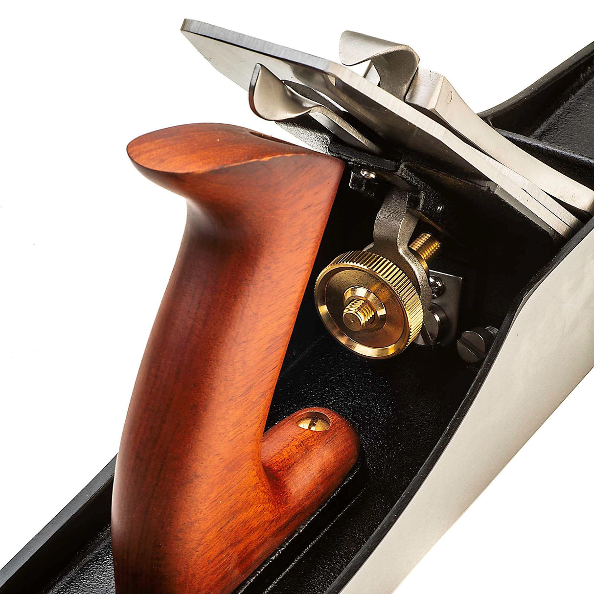 Luban No. 5 1/2 Jack Hand Plane - Close-up of blade adjustment mechanism with wooden handle in background