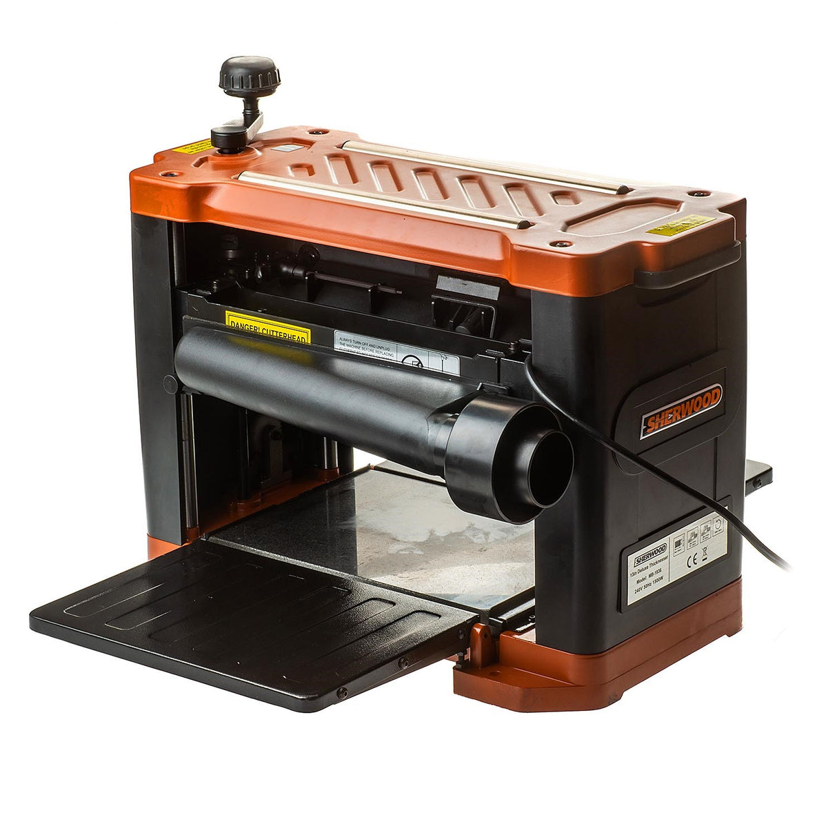 Sherwood 13in Deluxe Benchtop Thicknesser showing straight blade cutterhead at work