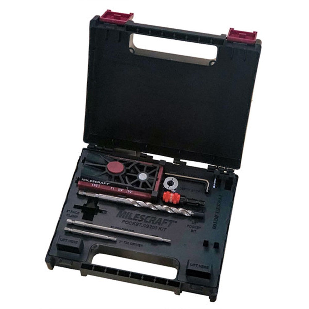 Milescraft Pocket Hole Jig 200 in use on timber board for precise joinery