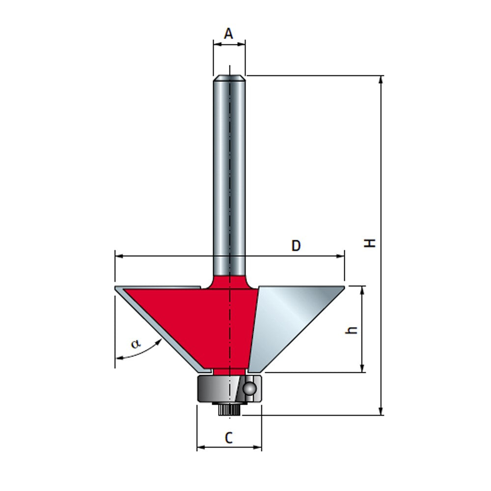 Freud Chamfer Router Bit 45° Angle 1/4in Shank in use on wood piece