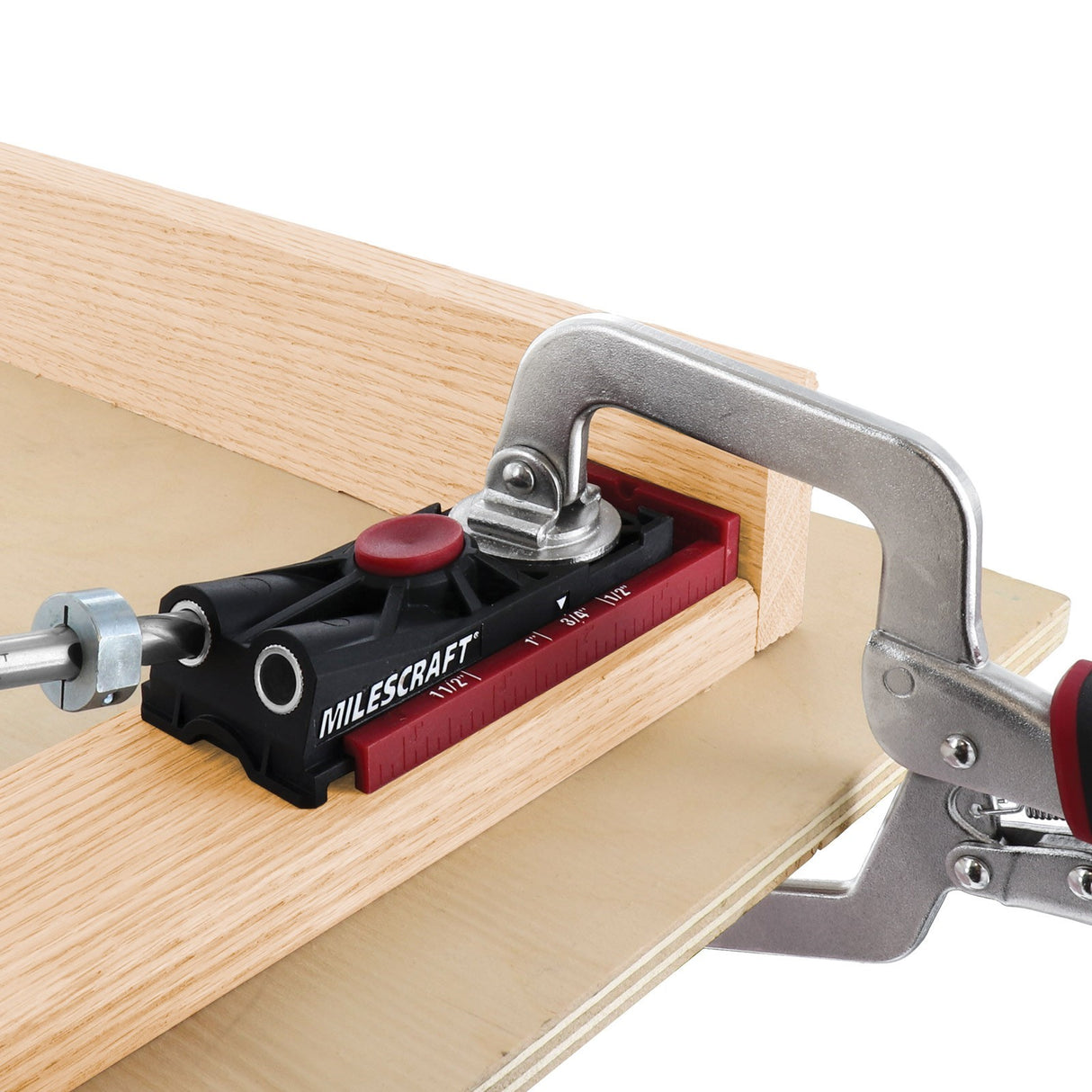 Milescraft Pocket Hole Jig 200 Set with Face Frame Clamp and Screws in use