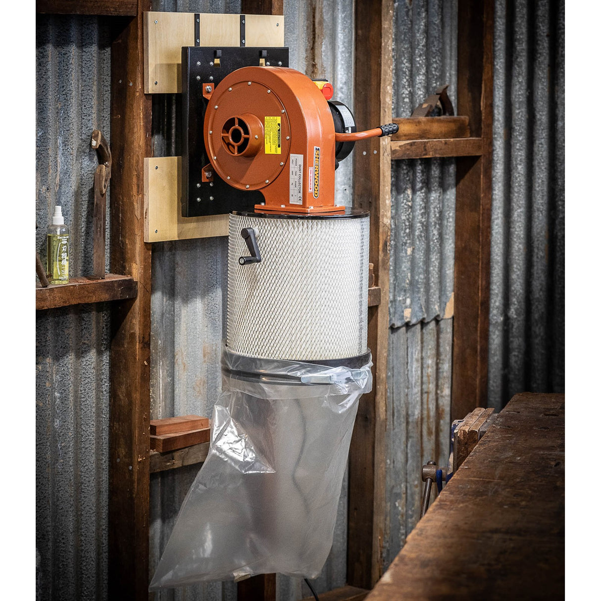 Sherwood 1HP Mini Dust Extractor Wall Mounted in Workshop Setting