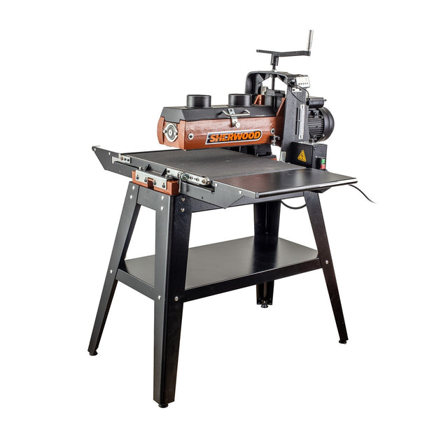 Sherwood 16in Drum Sander with Open Stand in action, showcasing its sleek design and powerful performance