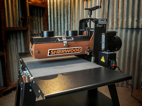 Sherwood 16in Drum Sander with Open Stand in woodworking workshop setting