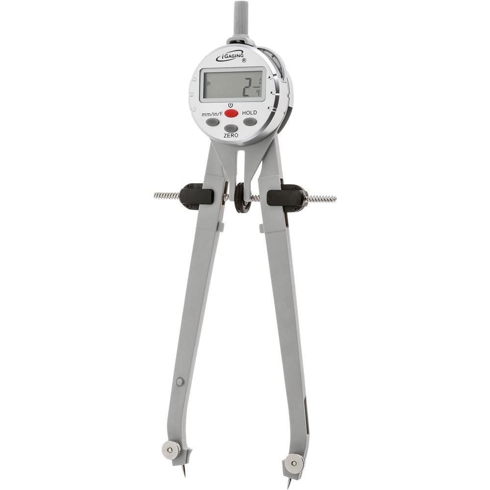 iGaging Digital Compass LCD Display Multi Scale 200mm Radius tool showing precise measurements in Millimetres, Inches, and Imperial Fractions
