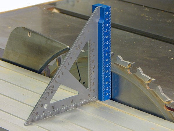 iGaging Set of 2 Bench Squares Metric Stainless Steel on table saw height, showcasing precision woodworking tools