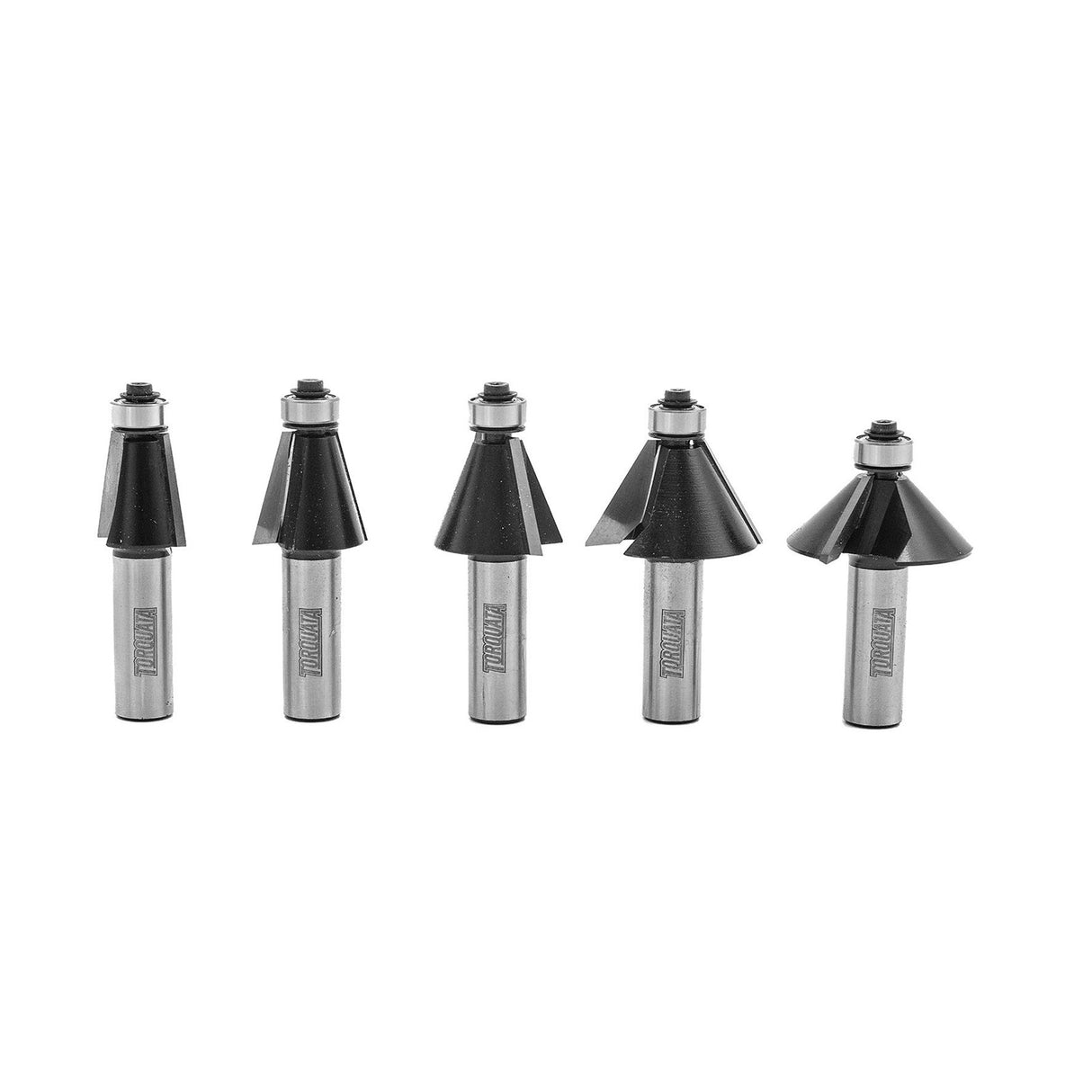 Torquata Set of 5 Chamfer Router Bits, 1/2in Shank, showcasing a variety of chamfer angles from 11 to 45 degrees