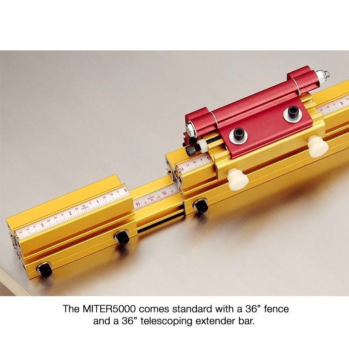 Incra Miter 5000 Deluxe Crosscut Sled System with Metric Adjustable Fence, showcasing T-tracks and hold down clamp in action