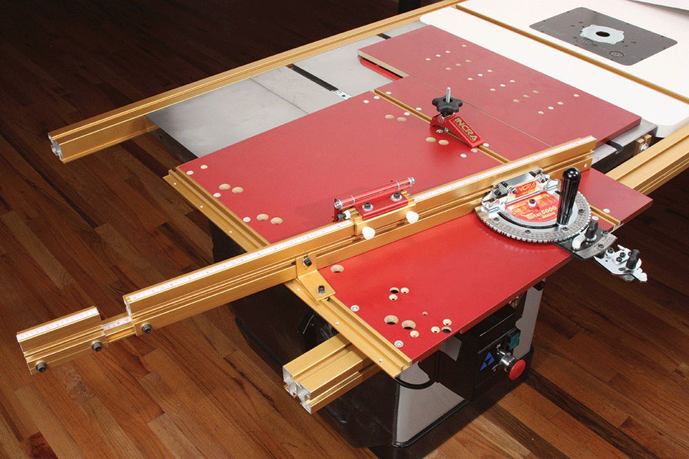 Incra Miter 5000 Deluxe Crosscut Sled System showing T-tracks and hold down clamp