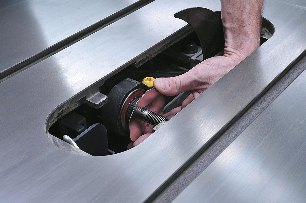 MicroJig BladeMatch Arbor Shim Set in use on a table saw for precise alignment