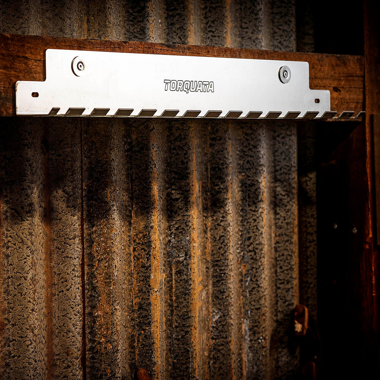 Torquata Clamp Rack organizing F-clamps in woodworking workshop