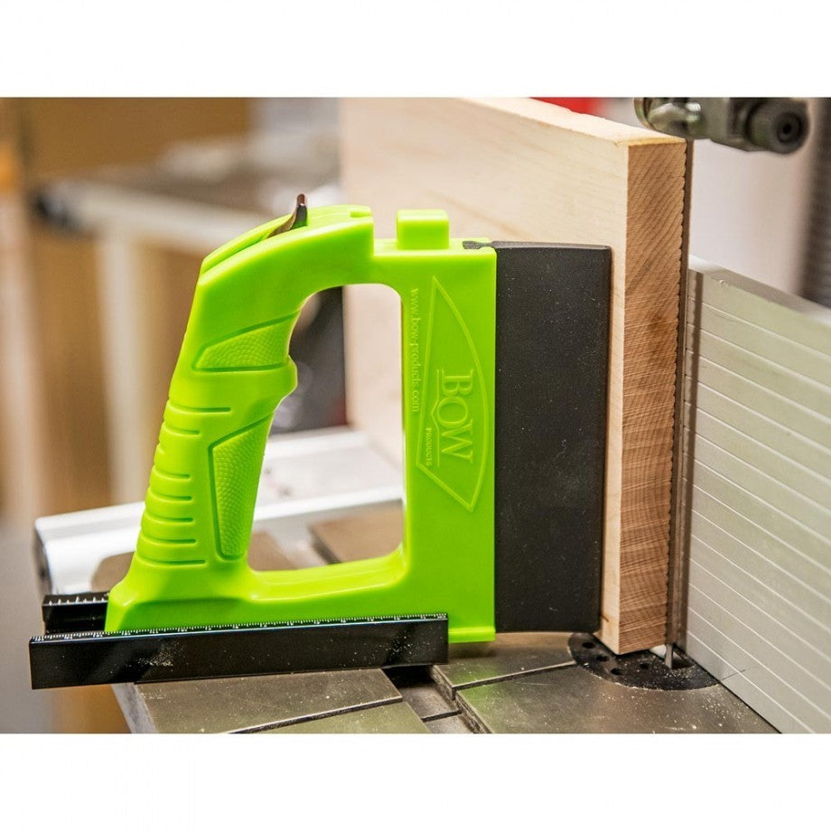 BOW Products Bandsaw GuidePRO Featherboard Set in use on bandsaw table