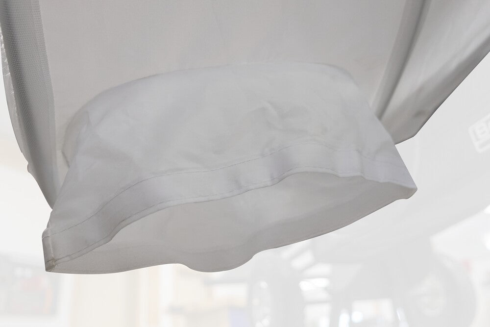 FastCap Saw Hoodie Dust Hood installed on mitre saw, capturing 95% of dust