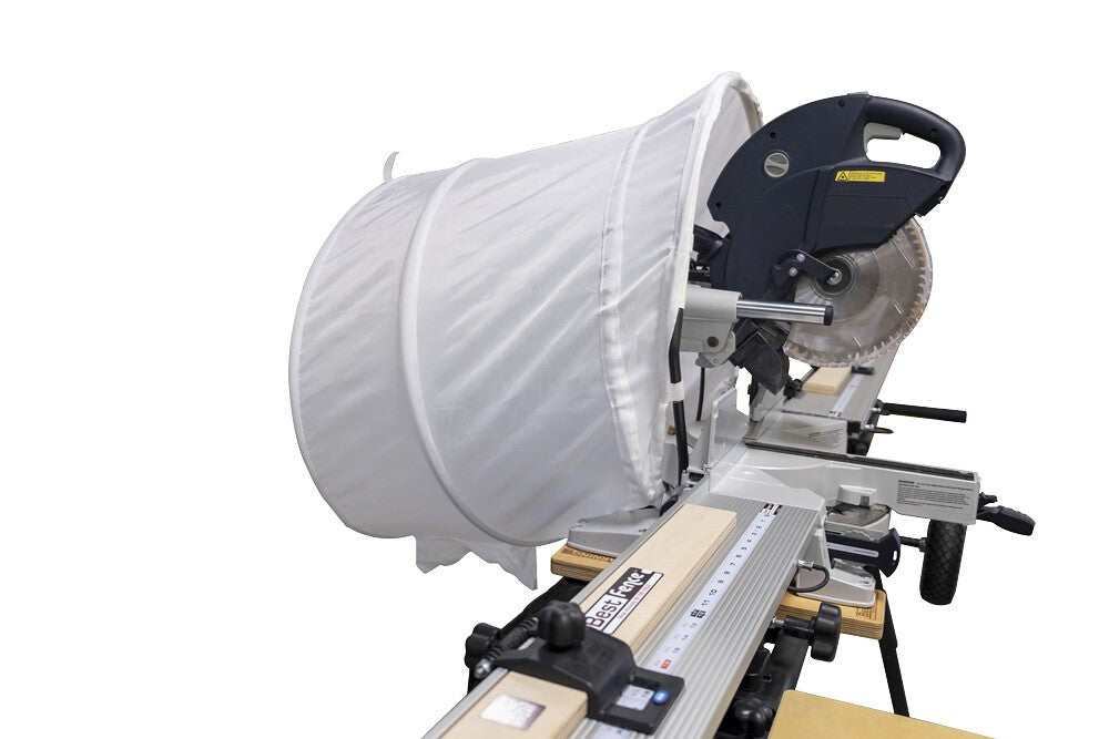 FastCap Saw Hoodie Dust Hood capturing dust from a mitre saw