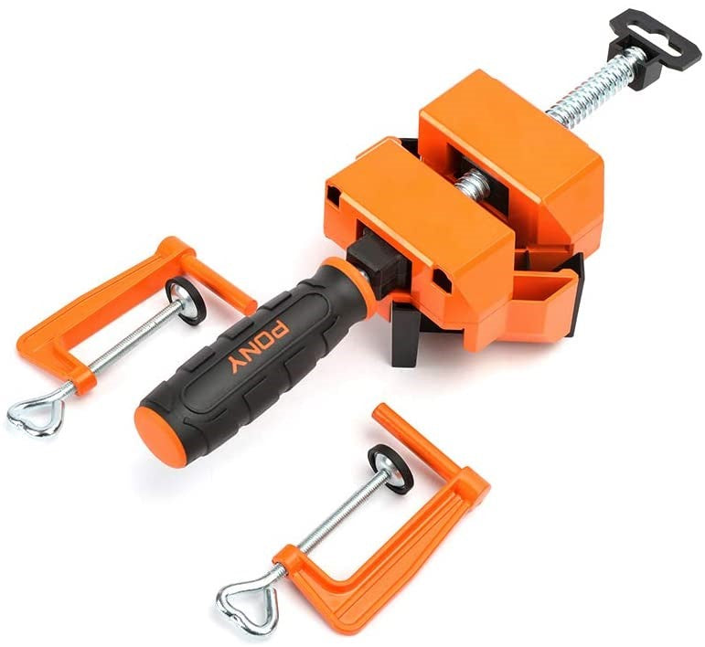 Pony Jorgensen Angle Clamp with Table Clamps for framing and cabinet assembly with plastic-coated die-cast jaws and swiveling rear jaw