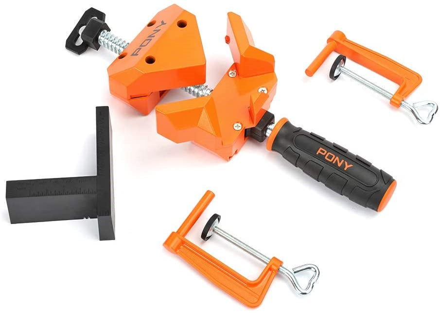 Pony Jorgensen Angle Clamp with Table Clamps in use, showing plastic-coated die-cast jaws and rear jaw swivel