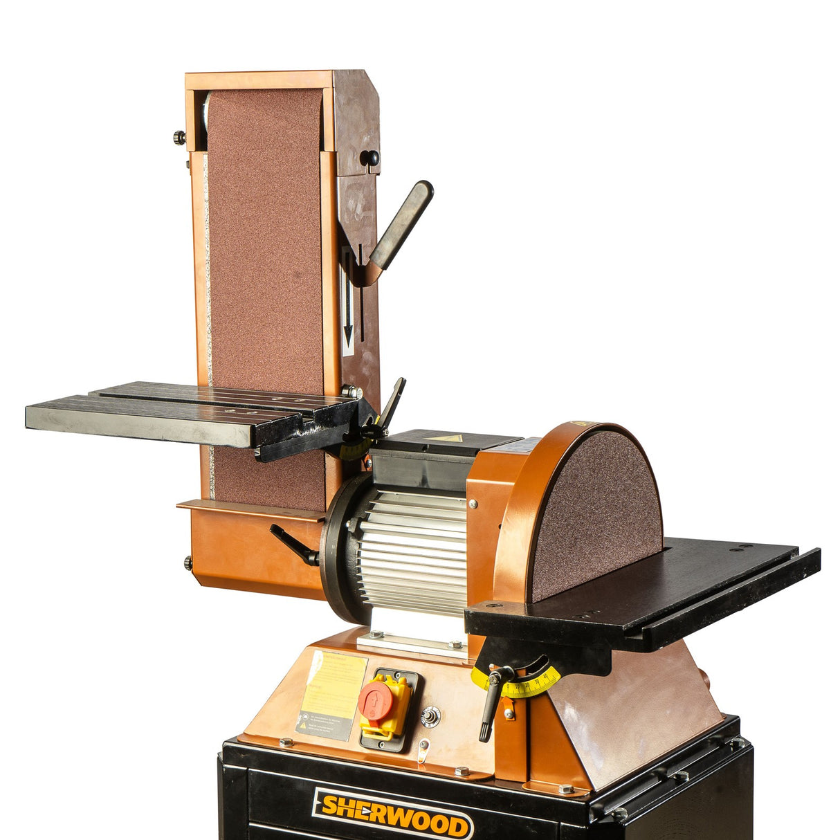 Sherwood 6 x 12in Belt and Disc Sander with Cabinet Stand 1100W in action, creating smooth finishes on woodworking projects