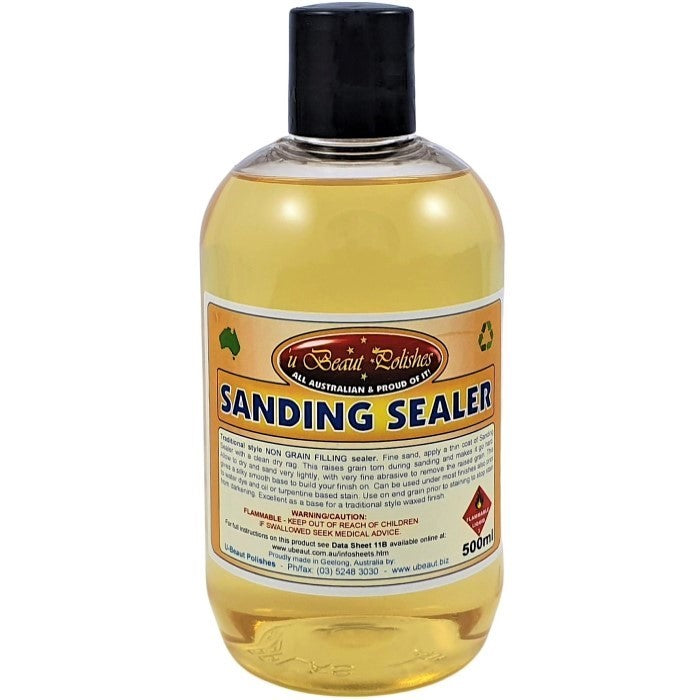 U Beaut Sanding Sealer 500mL bottle, essential Australian woodworking tool for achieving a smooth finish on wood surfaces