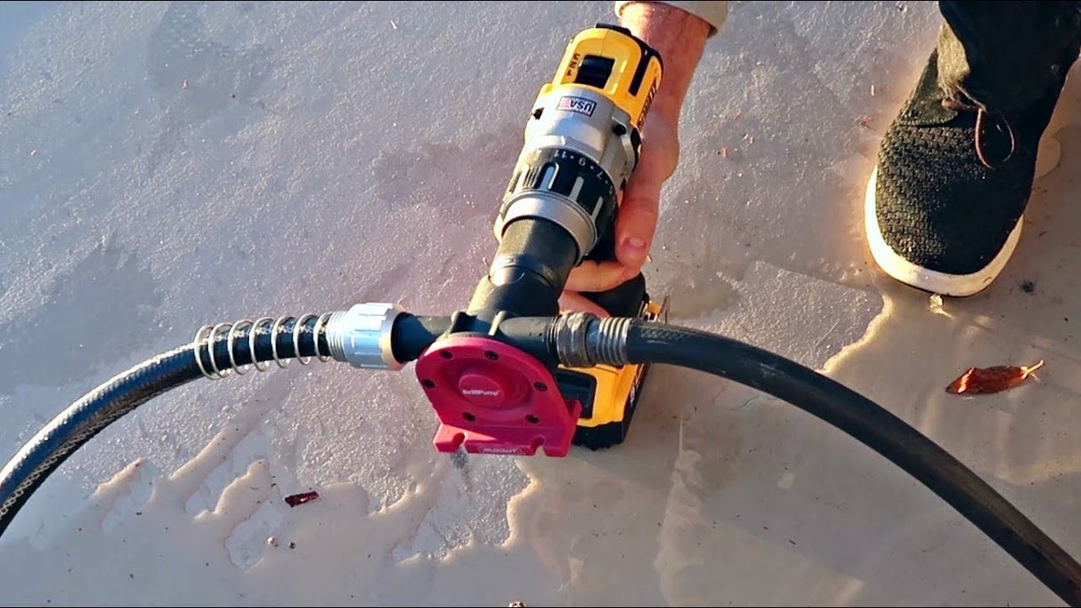 Milescraft DrillPump750 water transfer pump attached to a drill, suitable for various water draining tasks