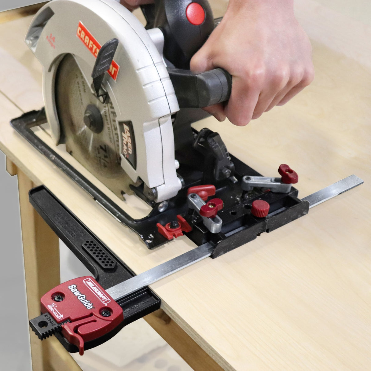 Milescraft SawGuide 410mm Long Guide Bar for Circular & Jig Saws - Side view demonstrating attachment to saw for precise cuts