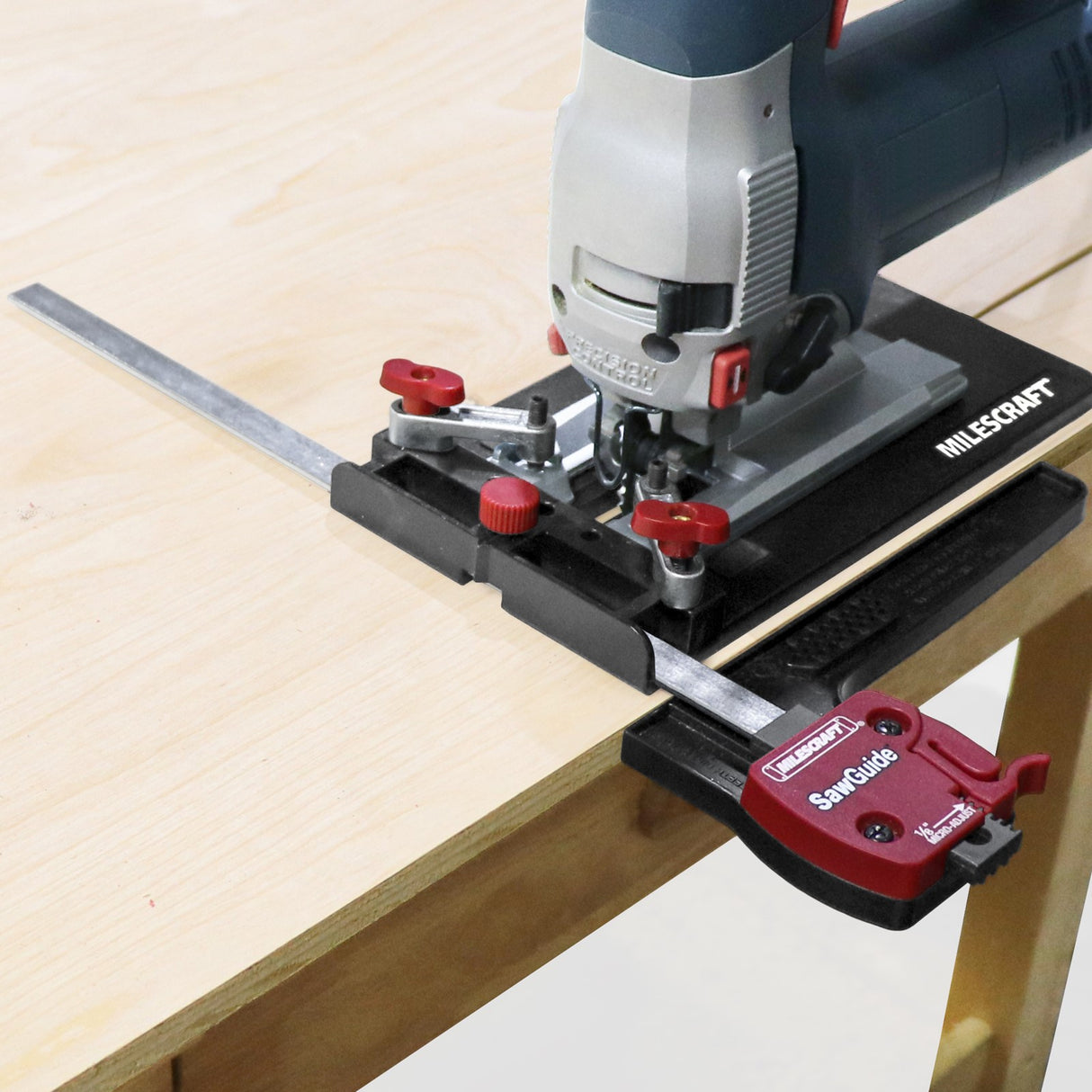 Milescraft SawGuide 410mm Long Guide Bar in use with circular saw for precise cutting