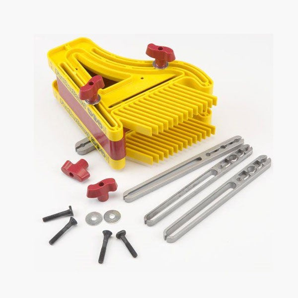 Milescraft D/T Featherboard Stacked with Mitre Bars and T-slot Bolts, showing split rail construction for precise board cutting