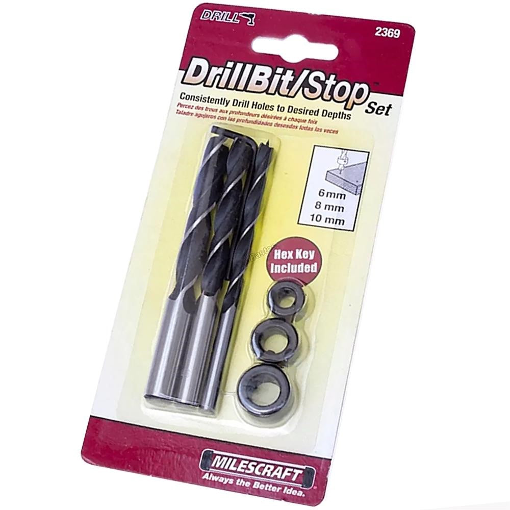 Milescraft Bradpoint Drill Bit and Stop Set of 3 - Metric 6mm 8mm 10mm in use for precise depth drilling