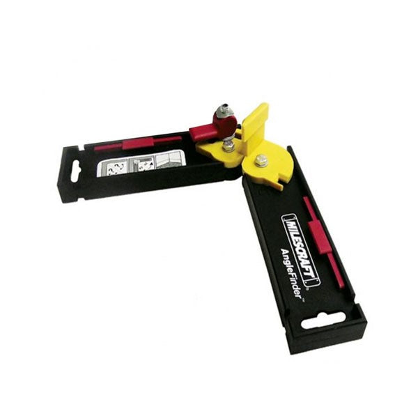 Milescraft AngleFinder with Retractable Edge Guides for precise woodworking angle measurements. Yellow angle divider for mitre saw setup