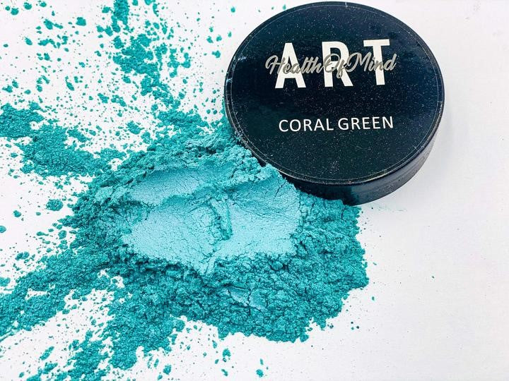 Health of Mind Art Coral Green 50g Pearlescent Mica Powder shown in use for epoxy resin projects