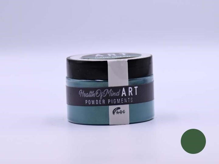 Health of Mind Art Dark Green 50g Pearlescent Pigment Mica Powder for Epoxy Resin packaging viewed from an angle
