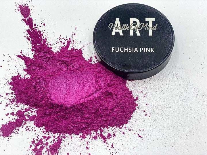 Health of Mind Art Fuchsia Pink 50g Pearlescent Mica Powder showcasing vibrant epoxy resin pigment