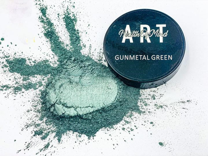 Health of Mind Art Gunmetal Green 50g Pearlescent Pigment Mica Powder showcasing its vibrant colour and fine texture