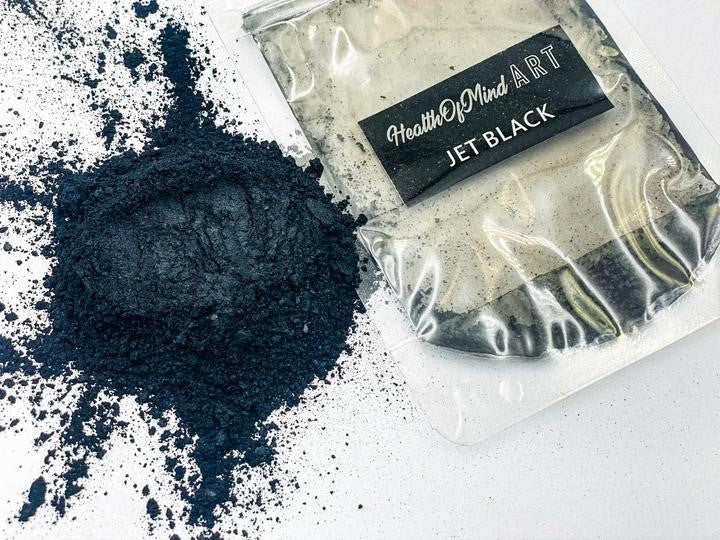 Health of Mind Art Jet Black Pearlescent Pigment Mica Powder for Epoxy Resin in 50g size, ideal for river tables and serving boards